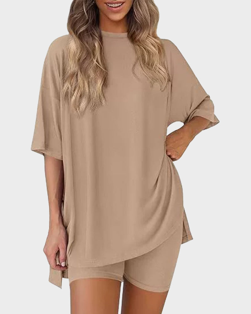 Summer Casual Crewneck Split-Hem Lounge Set with Pockets-2