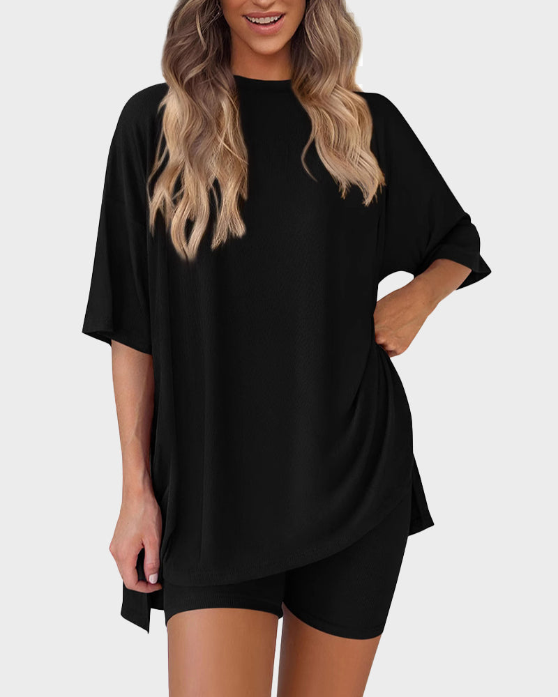 Summer Casual Crewneck Split-Hem Lounge Set with Pockets-3