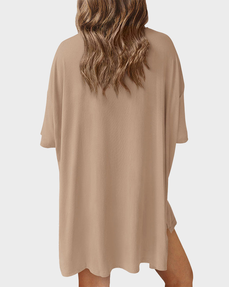 Summer Casual Crewneck Split-Hem Lounge Set with Pockets-8