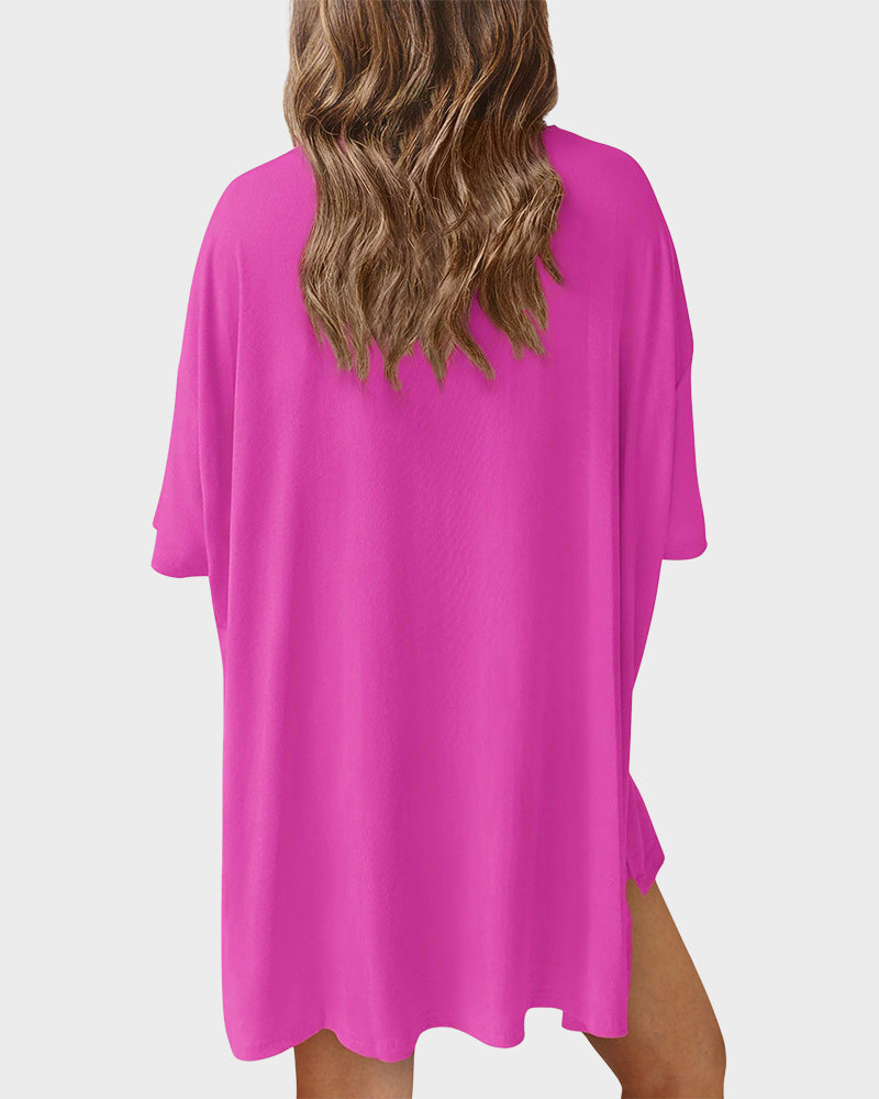Summer Casual Crewneck Split-Hem Lounge Set with Pockets-11