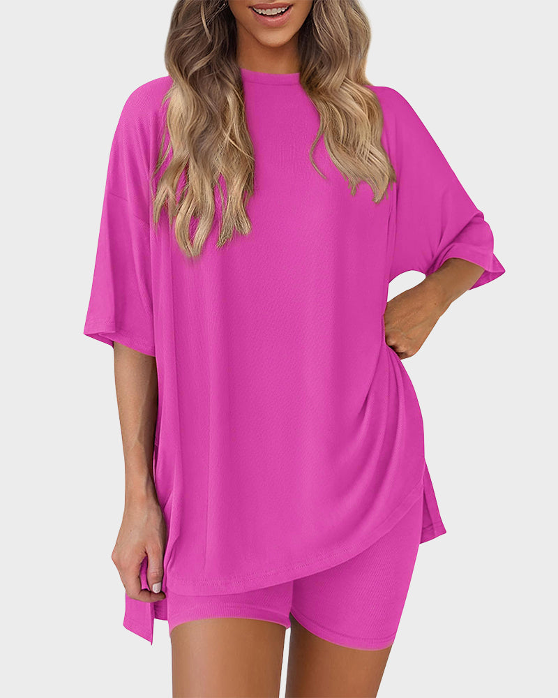 Summer Casual Crewneck Split-Hem Lounge Set with Pockets-6