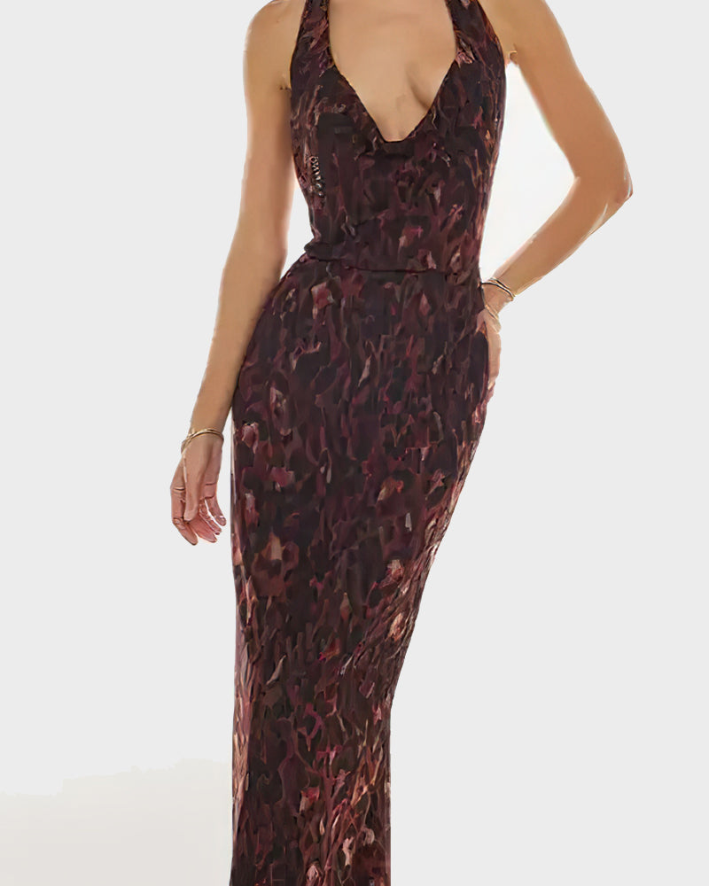 Women Long Dress, Sleeveless Halter Dress Backless Flower/Dots Print Summer Cocktail Dress-18
