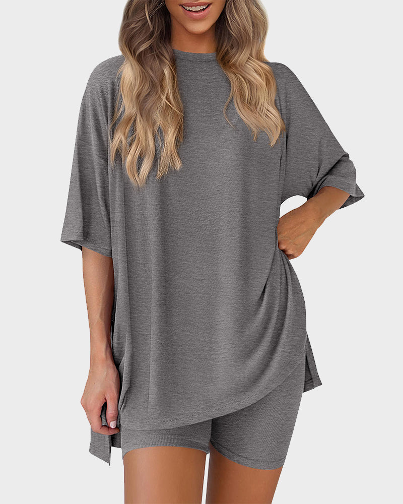 Summer Casual Crewneck Split-Hem Lounge Set with Pockets-19
