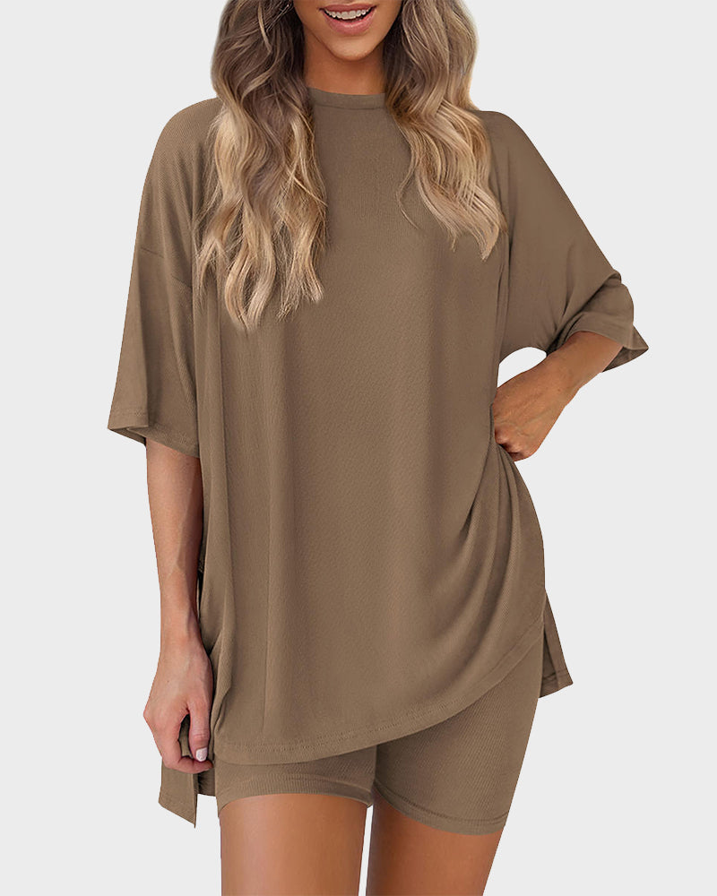 Summer Casual Crewneck Split-Hem Lounge Set with Pockets-21