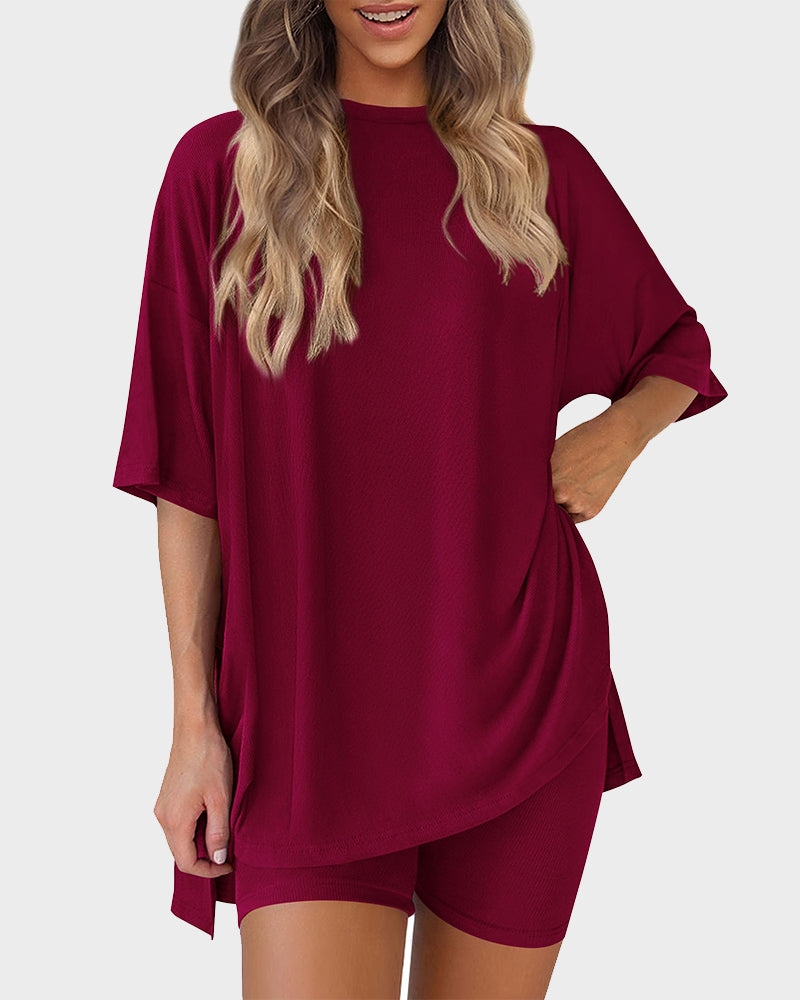 Summer Casual Crewneck Split-Hem Lounge Set with Pockets-20