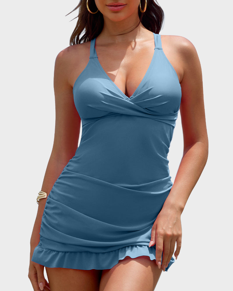 Deep V Cross-Back Ruched One-Piece Swimsuit-13