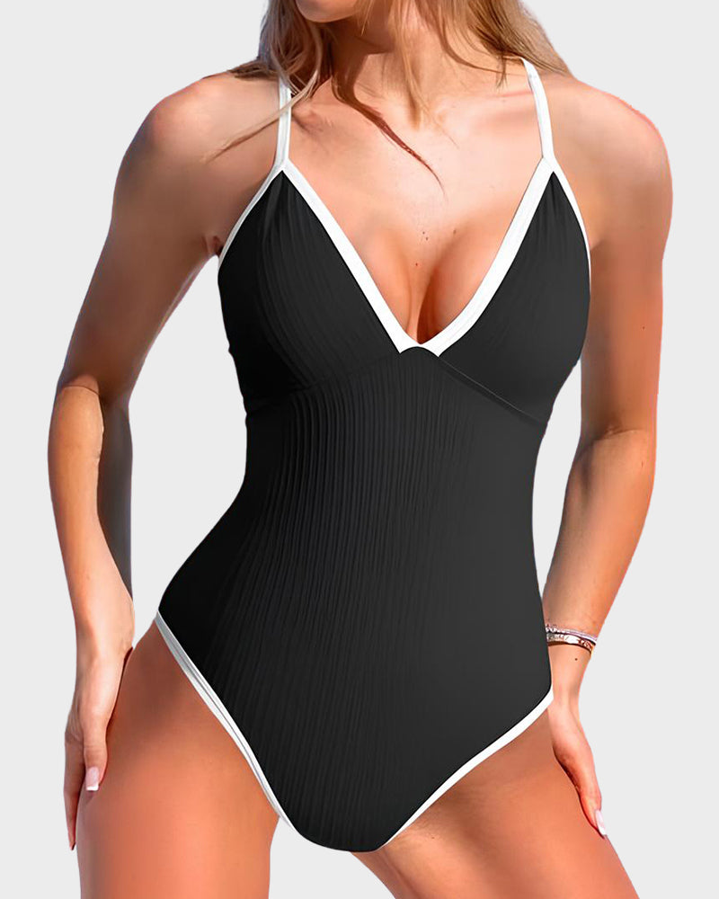 Deep V Ribbed Cross Back One-Piece Swimsuit-1