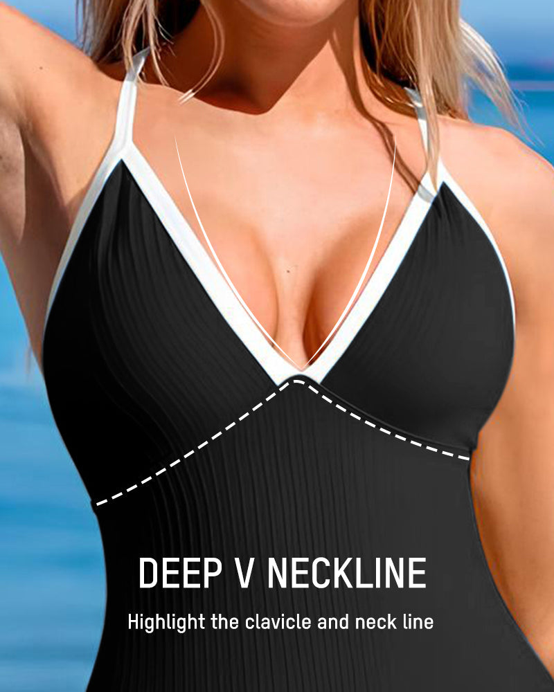 Deep V Ribbed Cross Back One-Piece Swimsuit-4