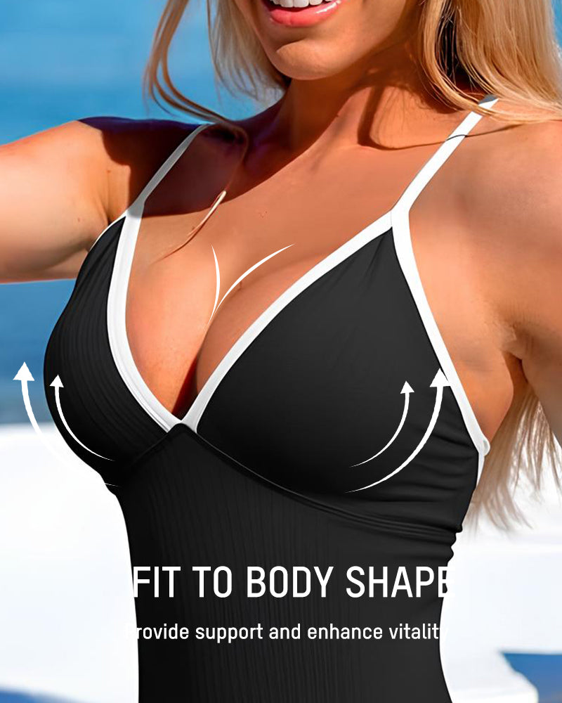 Deep V Ribbed Cross Back One-Piece Swimsuit-5