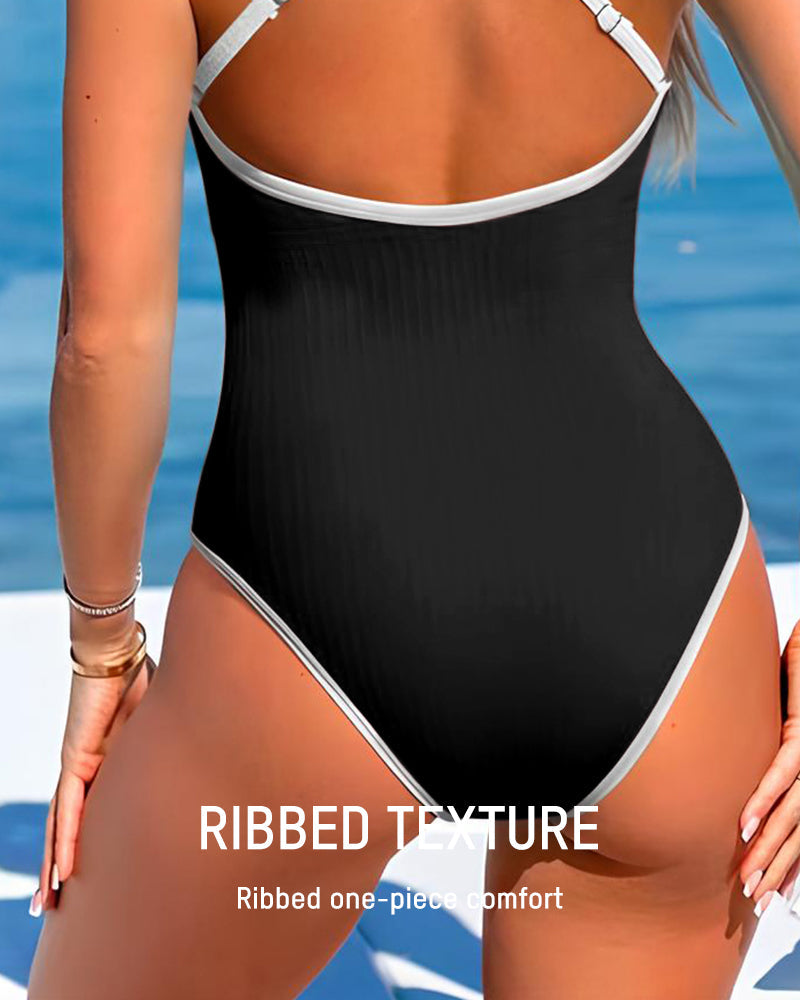 Deep V Ribbed Cross Back One-Piece Swimsuit-7