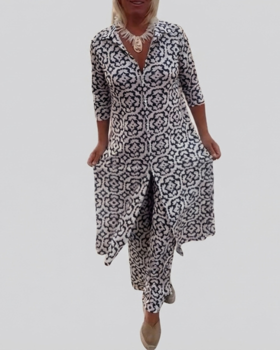 Sara | Bohemian Geometric Print Tunic and Wide-Leg Pants Set-2