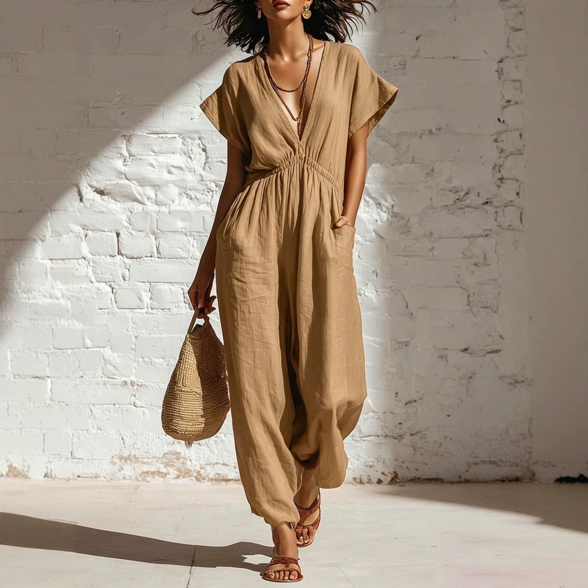 Deep V-neck loose fit pants for women-4