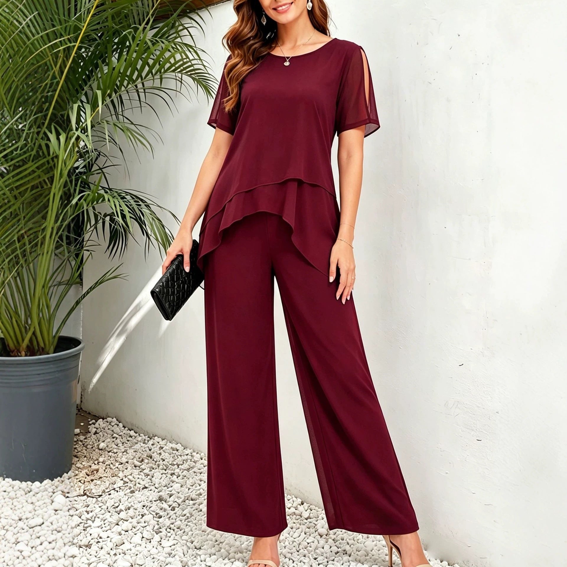 Irregular top wide leg long pants two-piece set-4