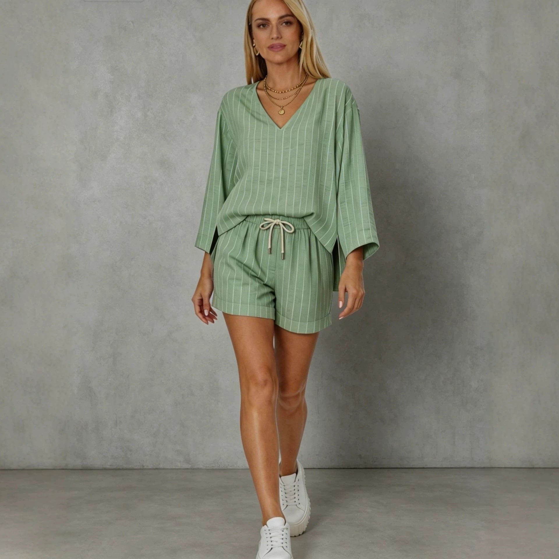 Loose V-neck long sleeved shorts striped set-2