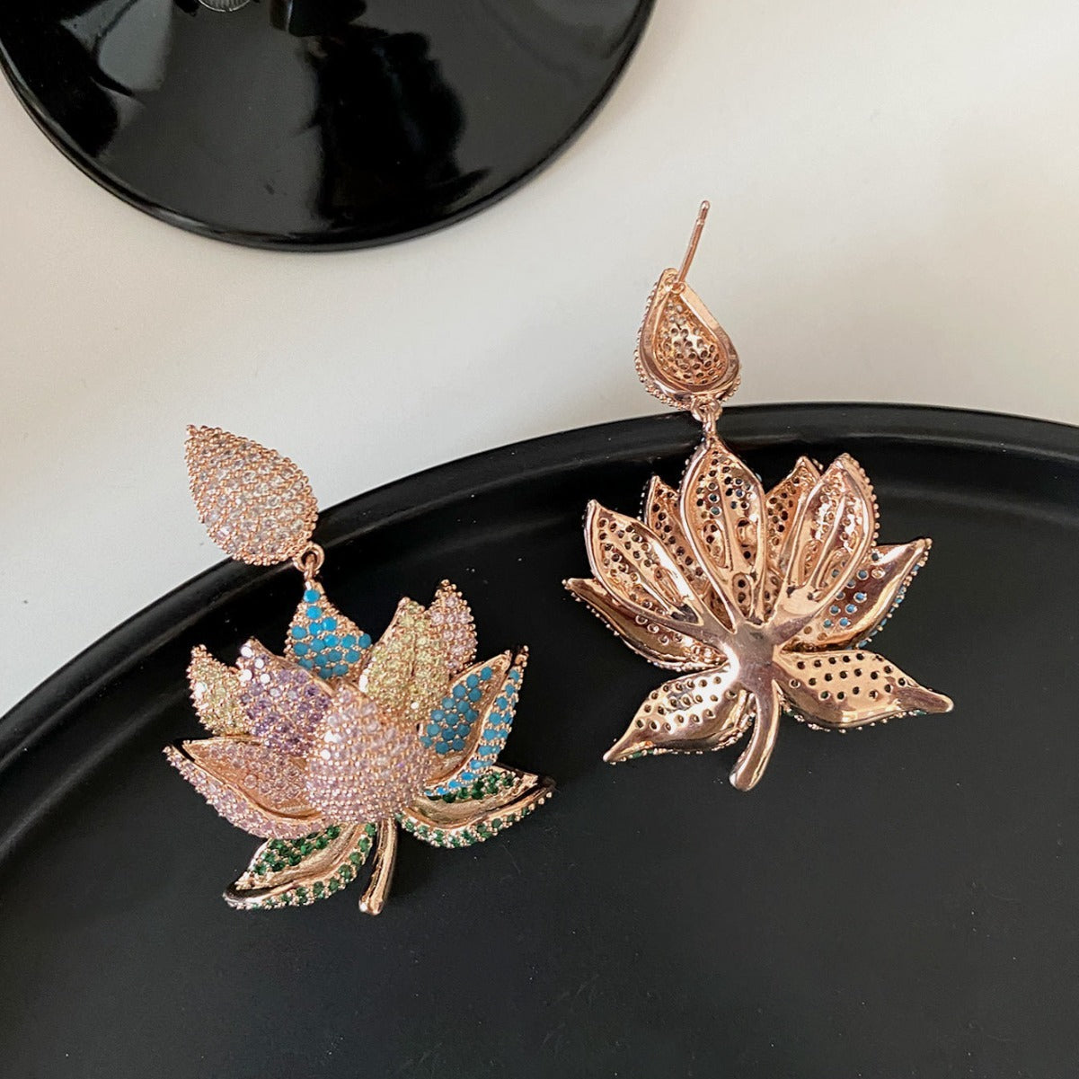 Lotus earrings, plant flower inlaid diamond shaped earrings-3
