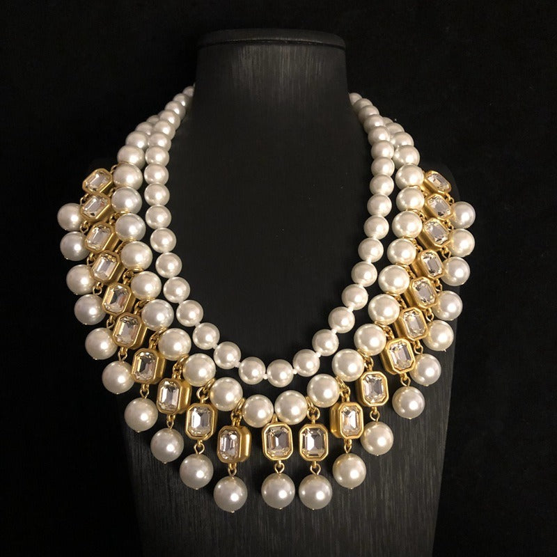 Glass pearl multi-layer short necklace set with diamonds and cut gemstones pearl necklace sweater chain-1