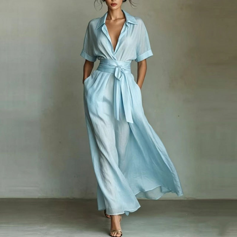 Solid color waist slimming dress-5