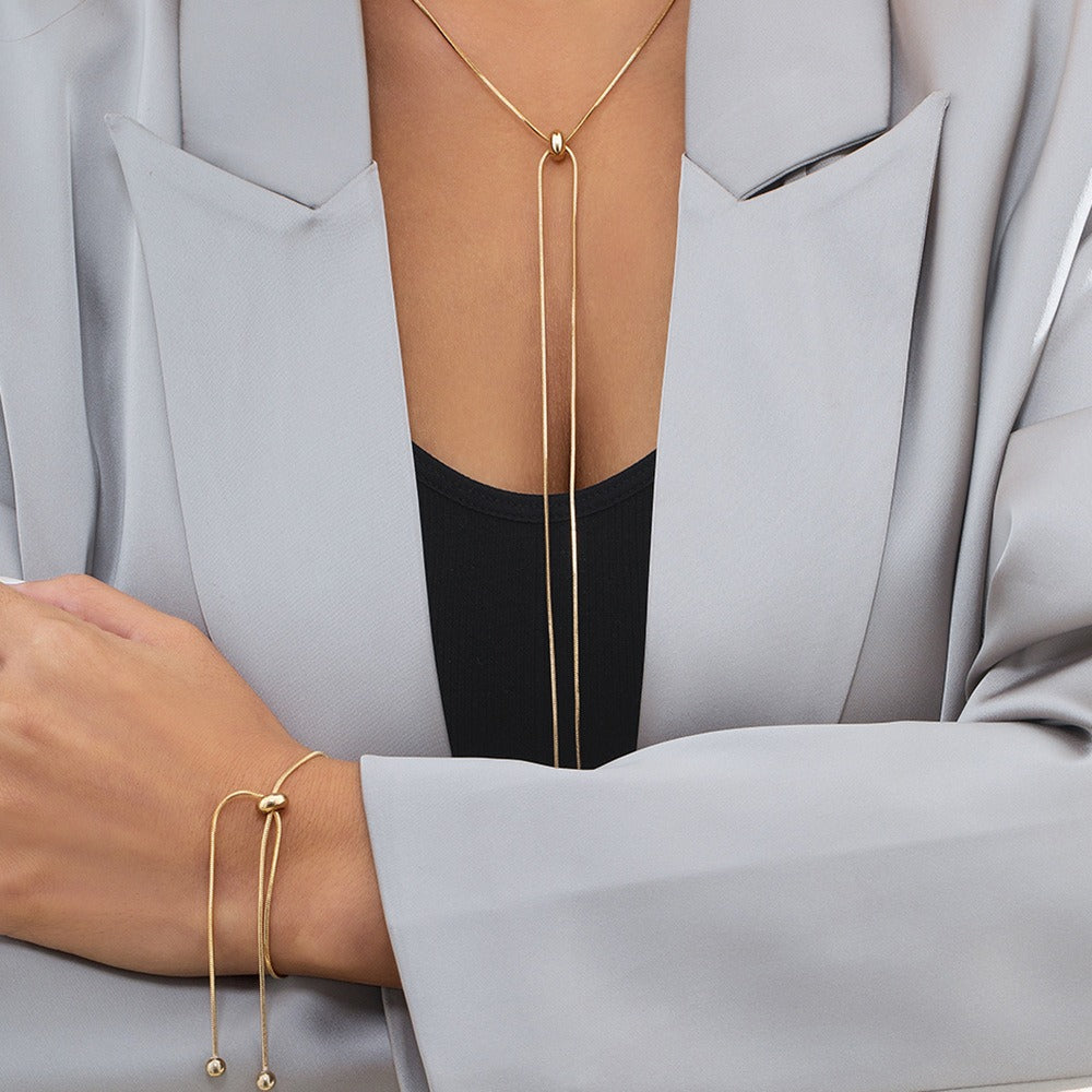 Simple and versatile long tassel necklace with fashionable adjustable metal square snake bone chain-1