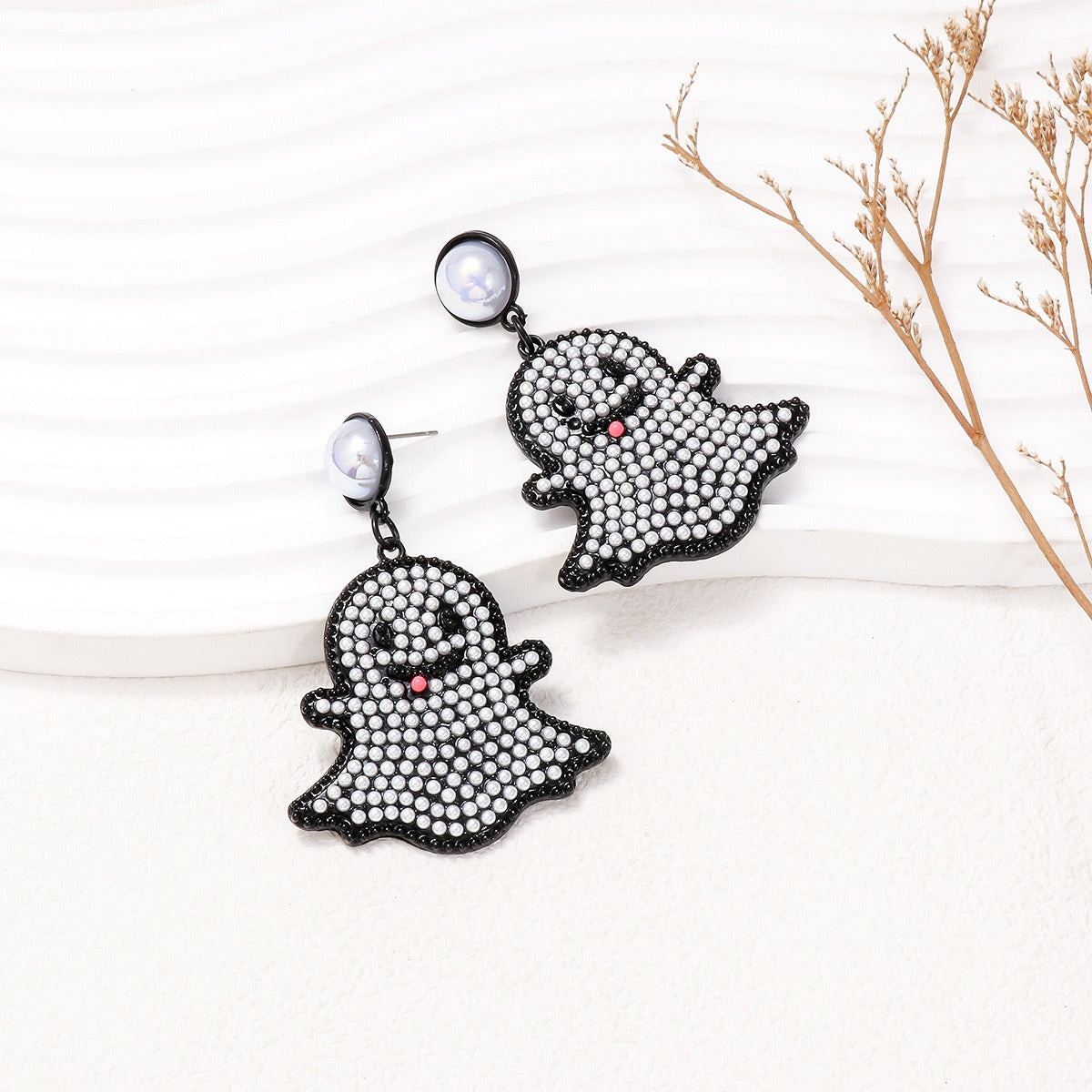 Cartoon funny and cute little ghost pearl ghost face earrings Halloween ghost earrings-8