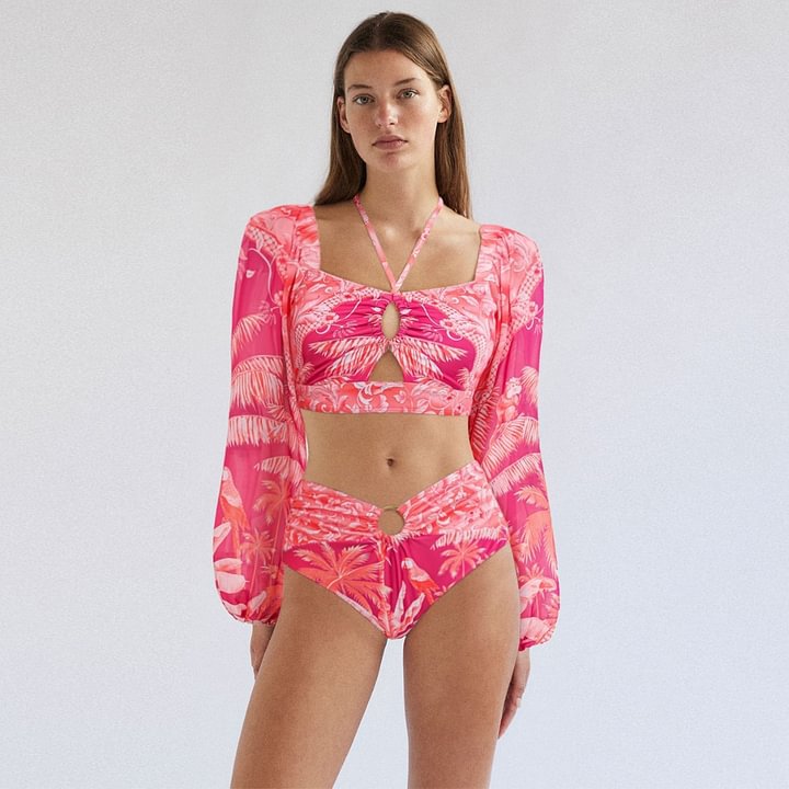 Long Sleeve Halter Swimsuit Women High Waist Slimming Bikini-2