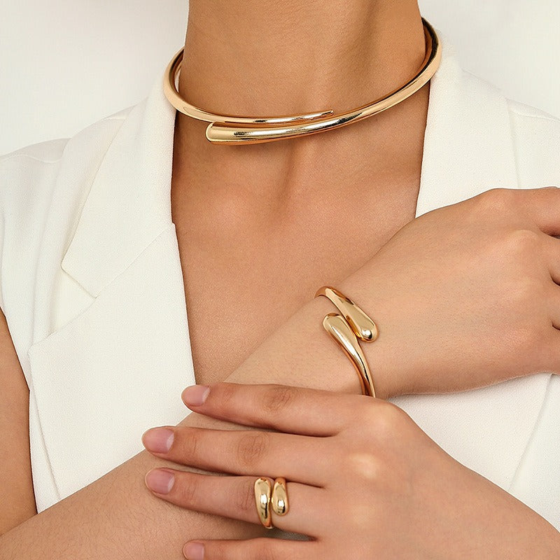 Simple heavy metal temperament geometric circular smooth surface women's collar bracelet ring jewelry-1