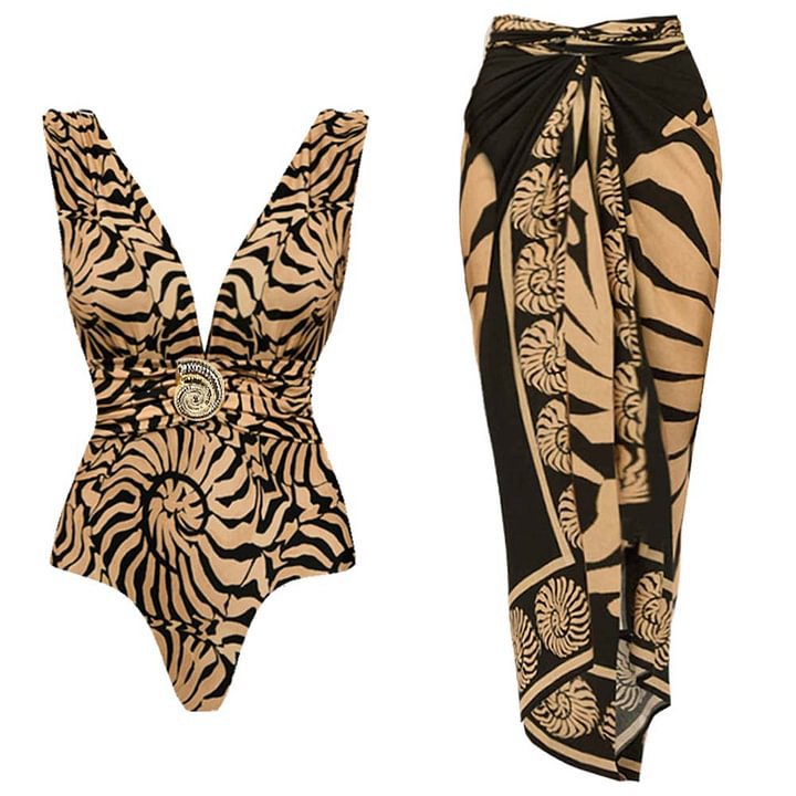 Solid Color V-neck  Fitted Waist  Slimming One-piece Swimsuit Set  Long Dress-6