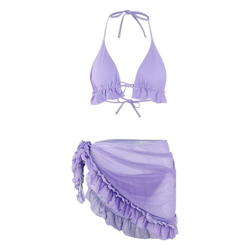 Solid Color Bikini Sexy Small Bust Push-Up Separated Lace Skirt Swimwear Women's Three-Piece Set-1