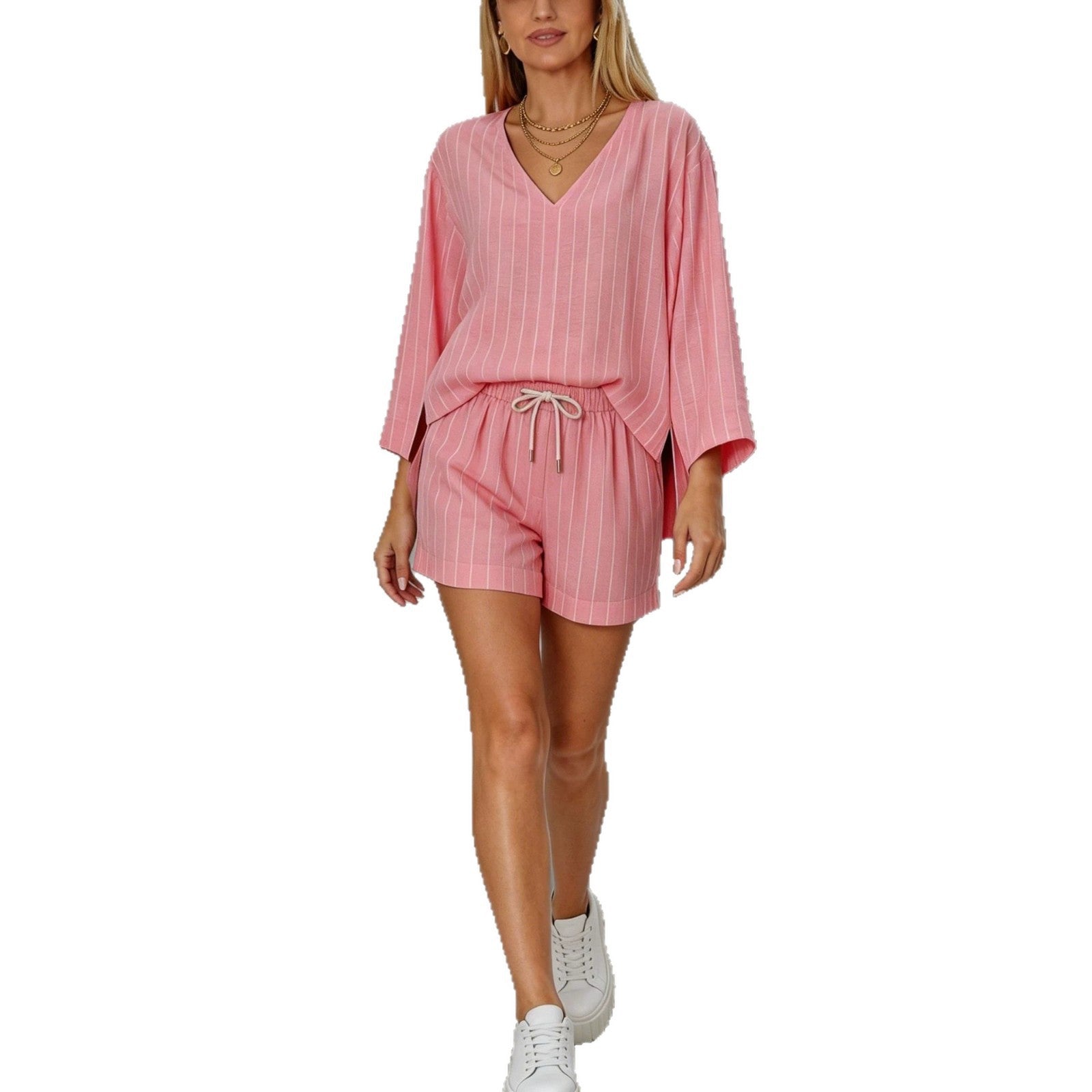Loose V-neck long sleeved shorts striped set-1