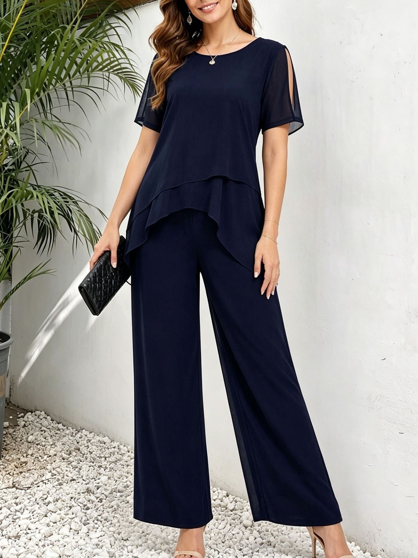 Irregular top wide leg long pants two-piece set-5
