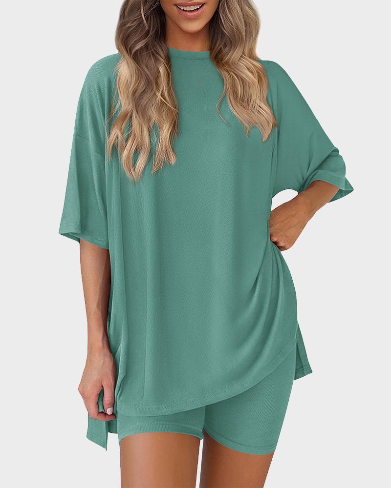 Summer Casual Crewneck Split-Hem Lounge Set with Pockets-22