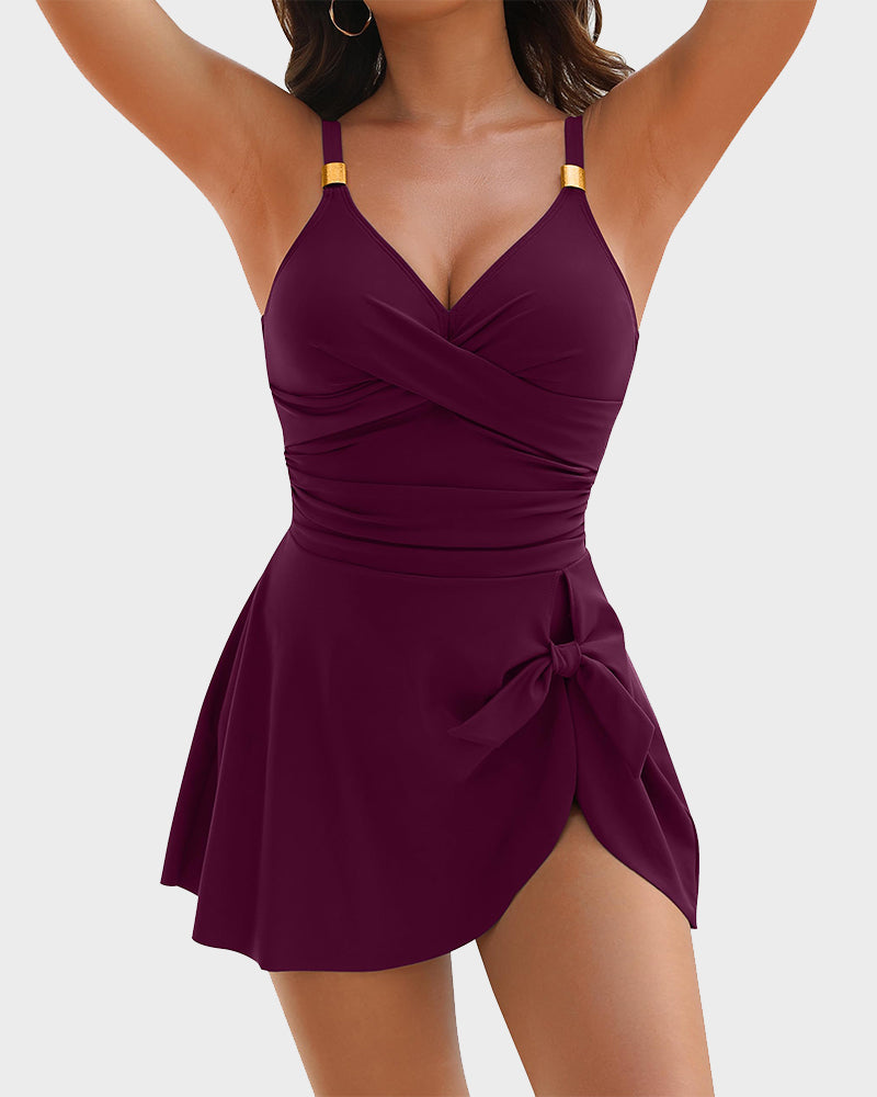Deep V Knot Detail Skirted Swimsuit-24