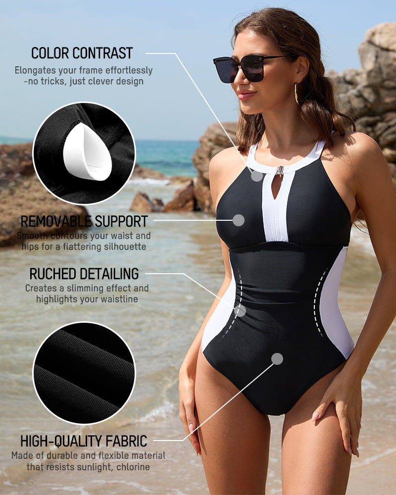 Full Coverage Retro Color Block Swimwear-2