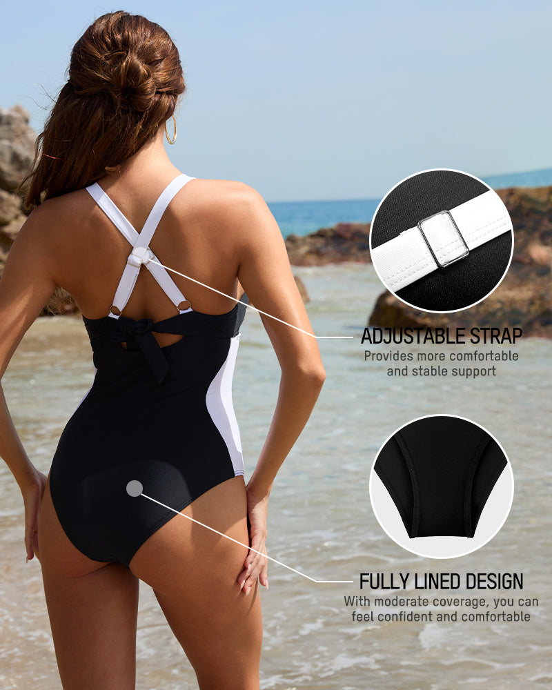 Full Coverage Retro Color Block Swimwear-3