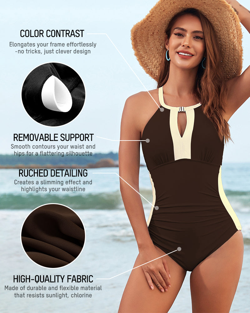 Full Coverage Retro Color Block Swimwear-26