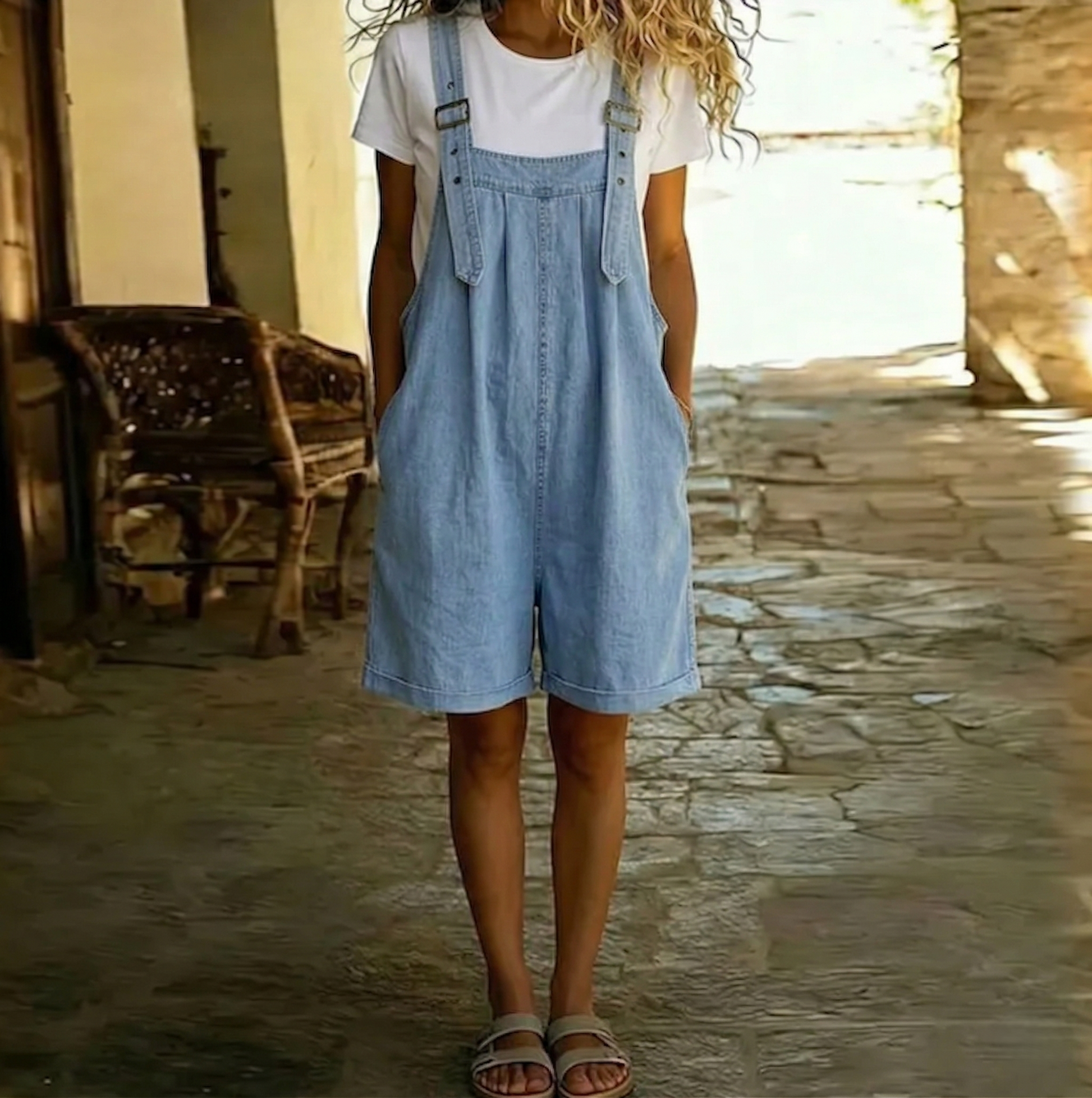 Saylor - Vintage Washed Soft Cotton Feel Denim Short Overall Light blue-2