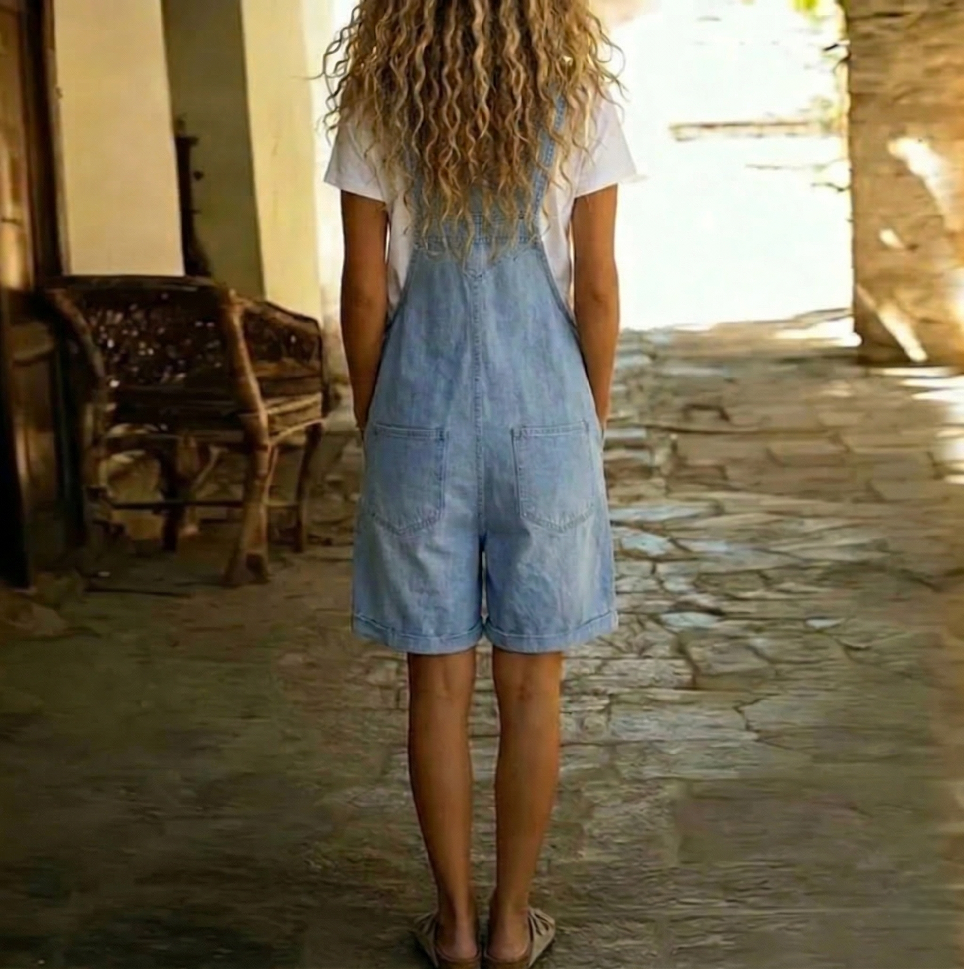 Saylor - Vintage Washed Soft Cotton Feel Denim Short Overall Light blue-3