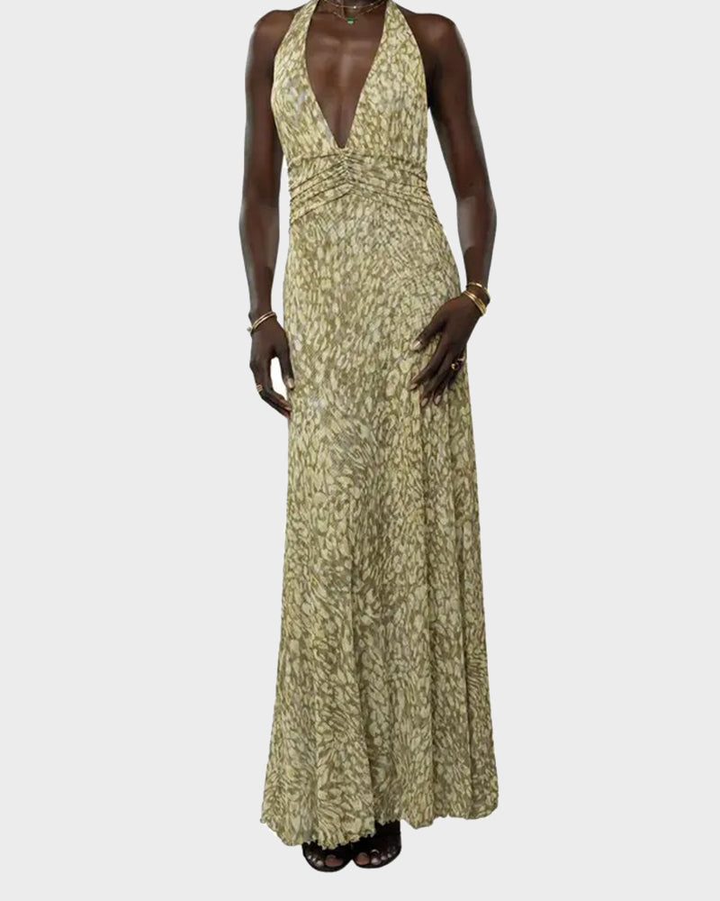 Women Long Dress, Sleeveless Halter Dress Backless Flower/Dots Print Summer Cocktail Dress-8