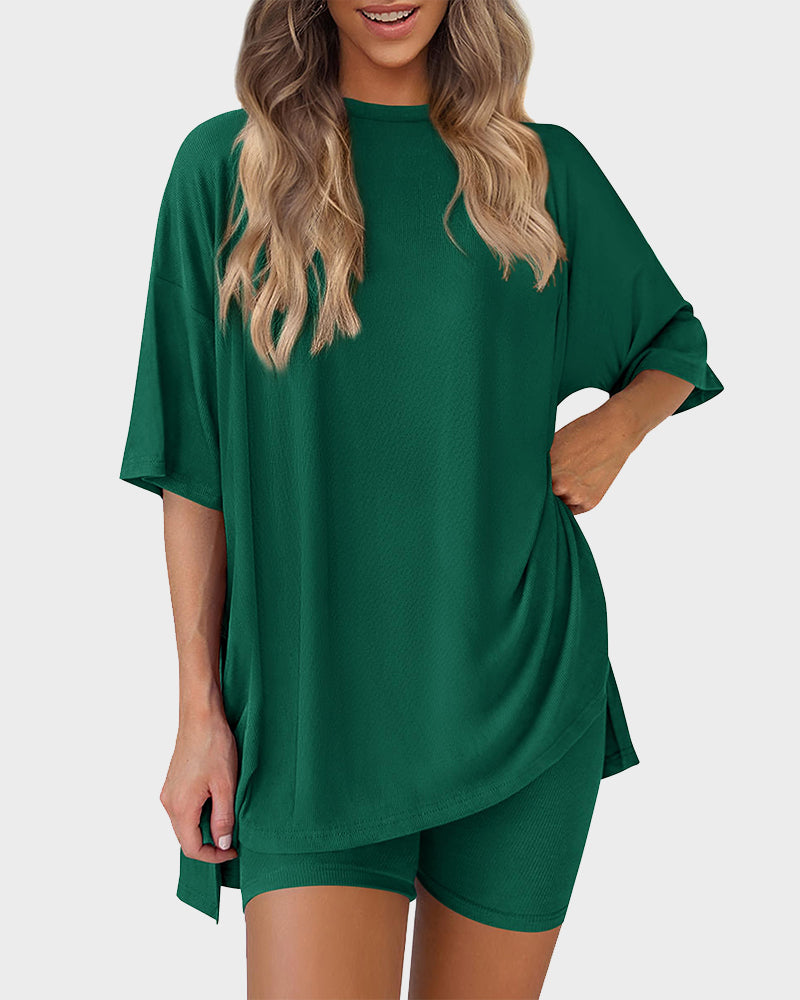 Summer Casual Crewneck Split-Hem Lounge Set with Pockets-23