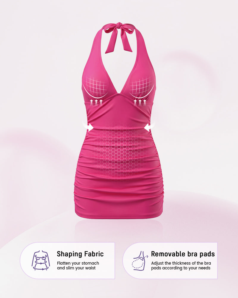 Halter V-Neck Sculpting Swim Dress – 2-Piece Set-3