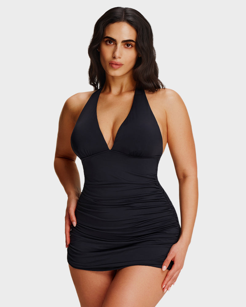 Halter V-Neck Sculpting Swim Dress – 2-Piece Set-1