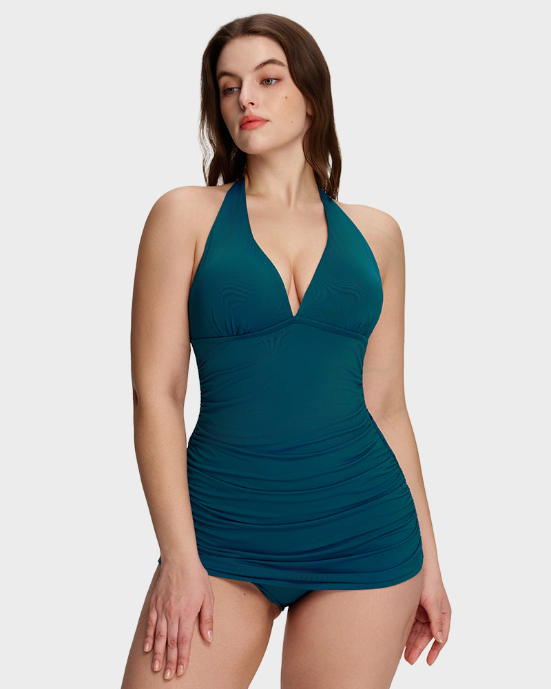 Halter V-Neck Sculpting Swim Dress – 2-Piece Set-8
