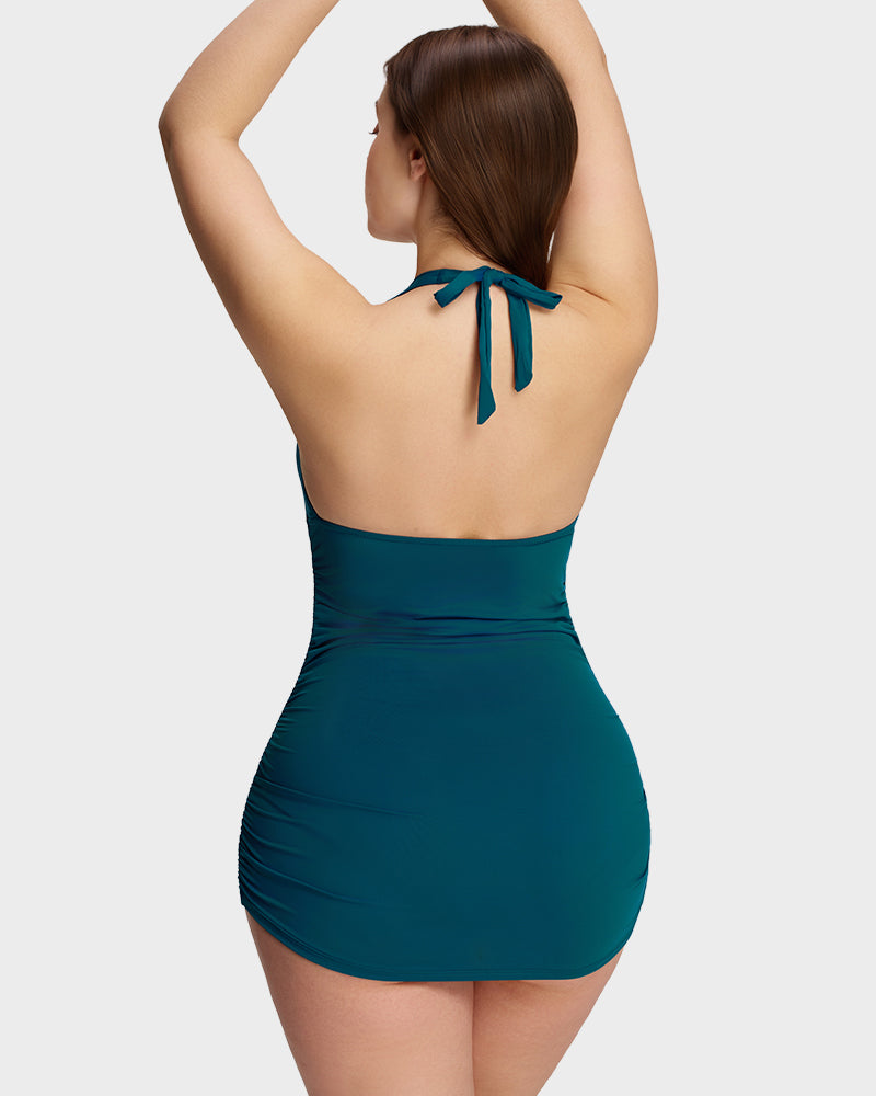 Halter V-Neck Sculpting Swim Dress – 2-Piece Set-10