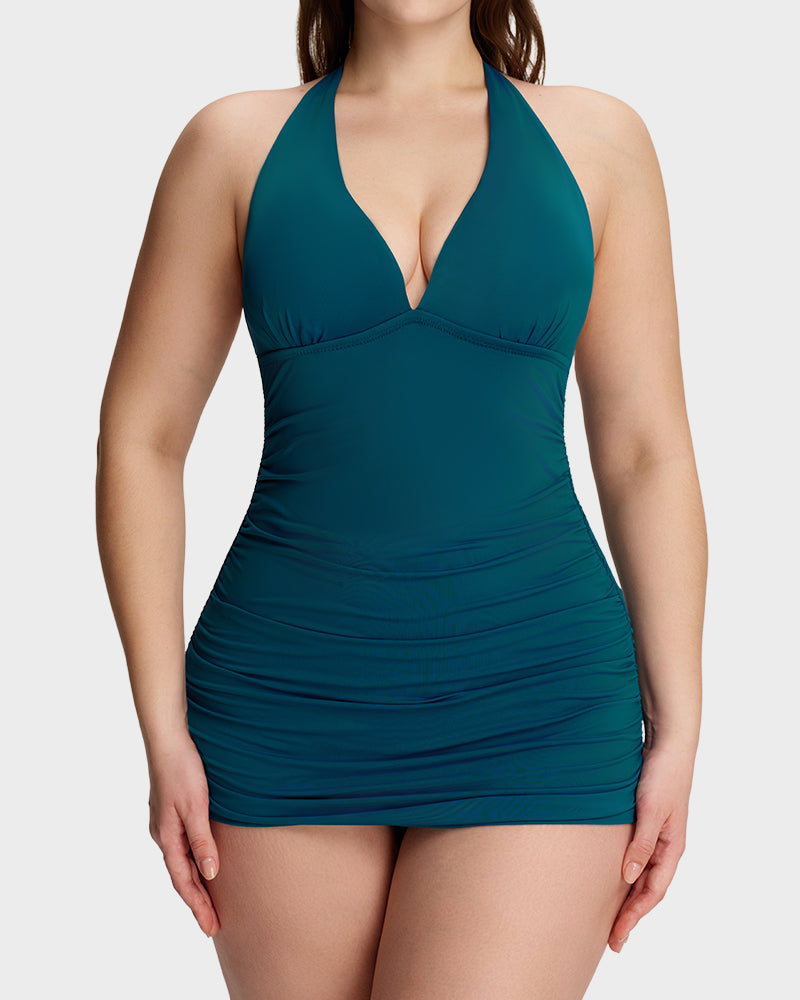 Halter V-Neck Sculpting Swim Dress – 2-Piece Set-17