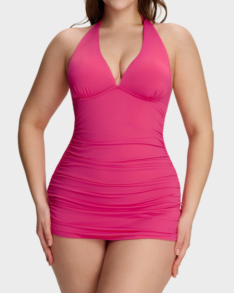 Halter V-Neck Sculpting Swim Dress – 2-Piece Set-15