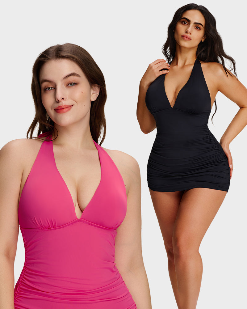 Halter V-Neck Sculpting Swim Dress – 2-Piece Set-11