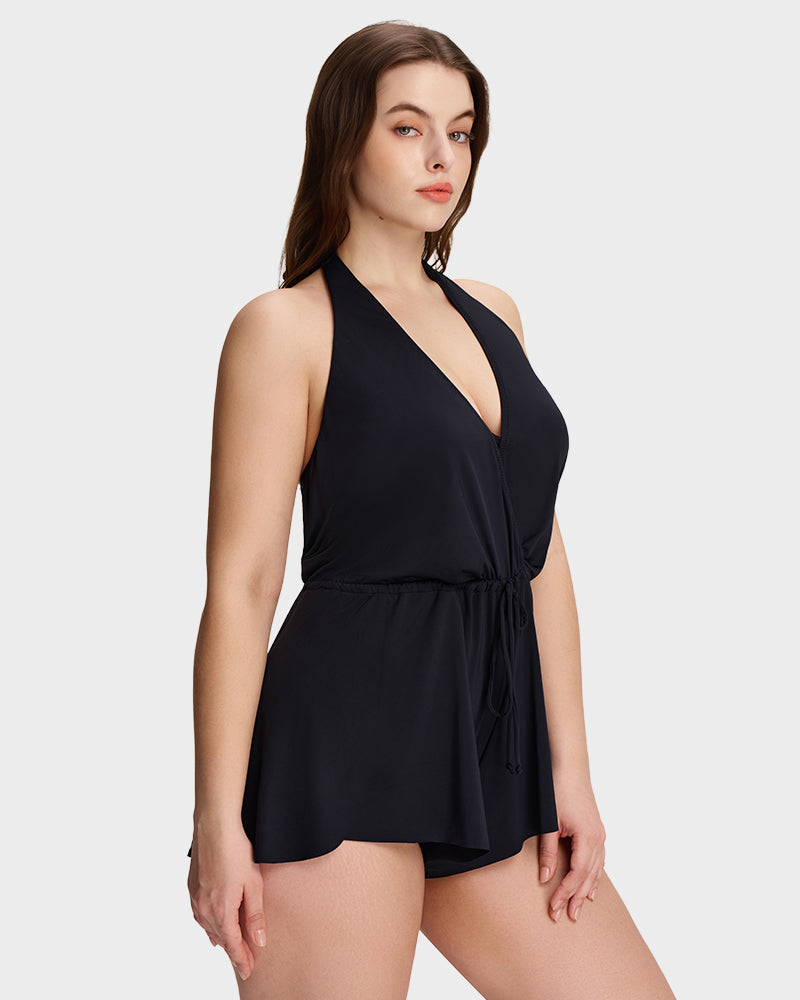 Halter V-Neck Tummy Control Swim Romper-3