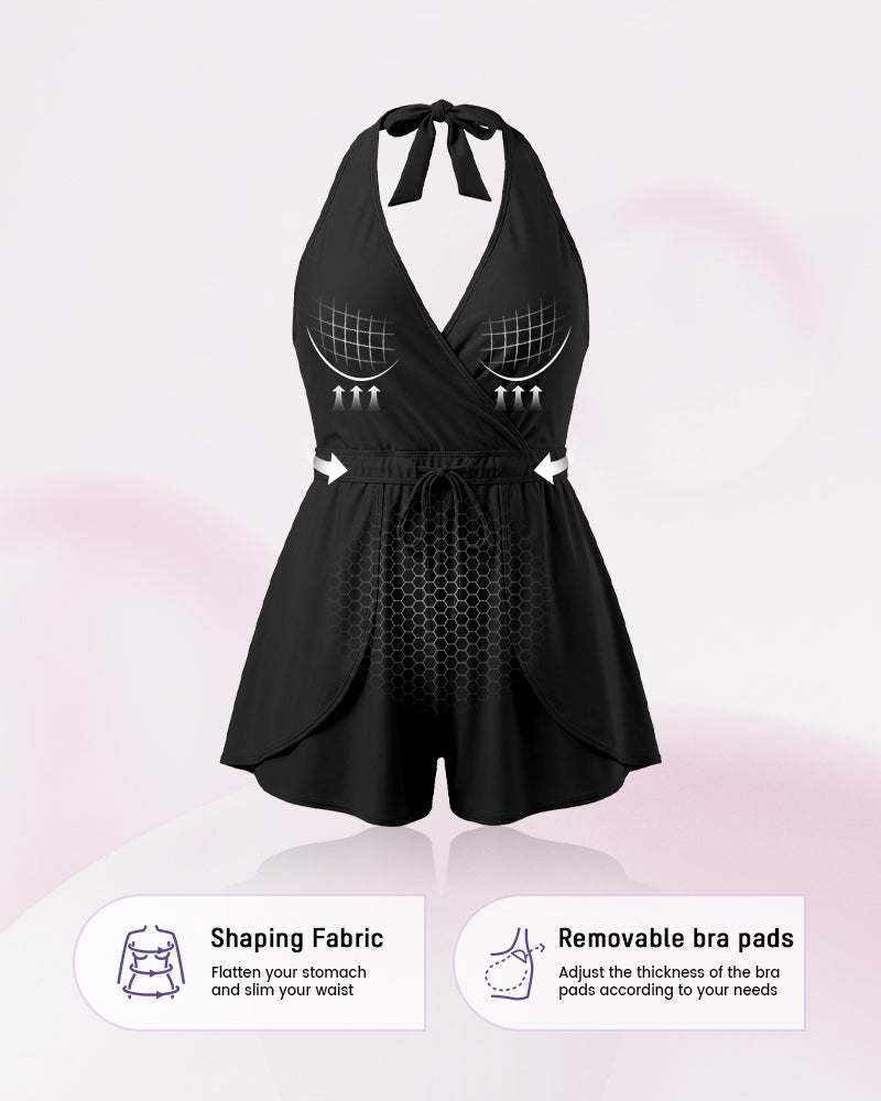 Halter V-Neck Tummy Control Swim Romper-2