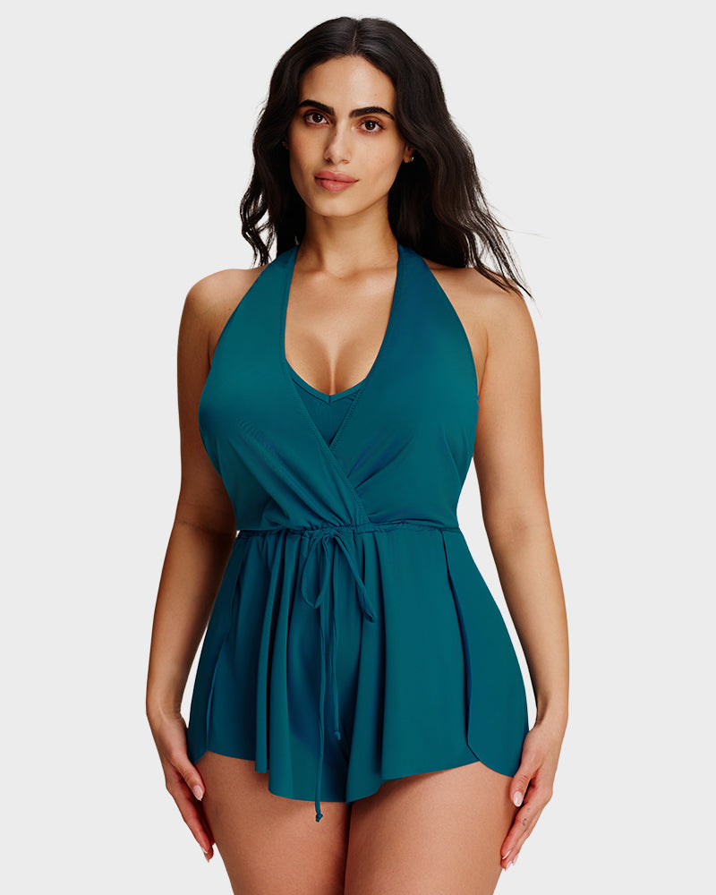Halter V-Neck Tummy Control Swim Romper-5