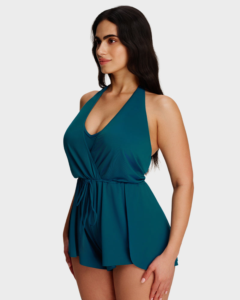 Halter V-Neck Tummy Control Swim Romper-6