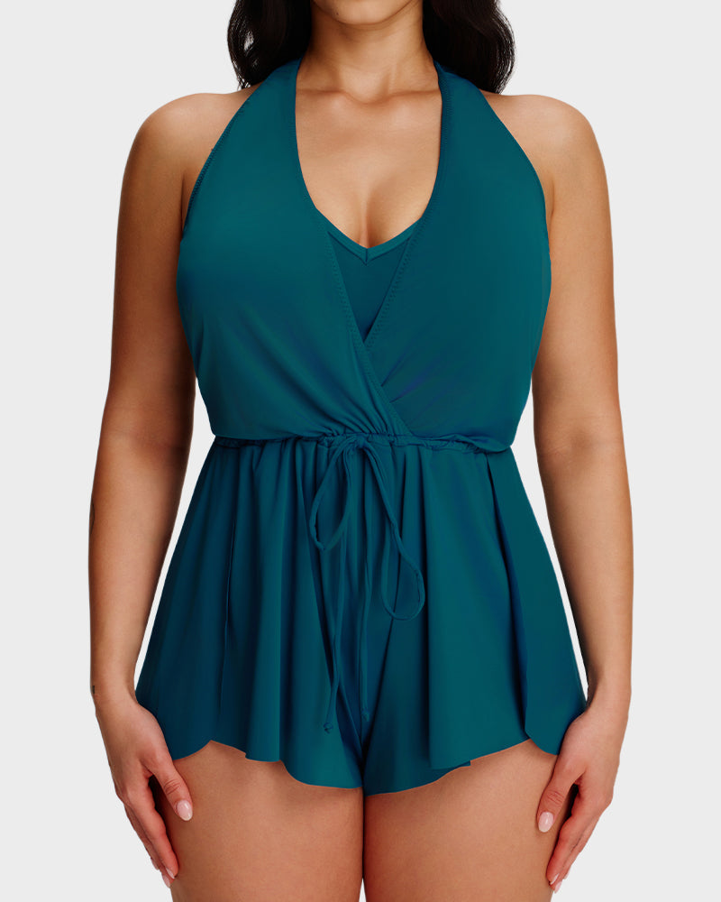Halter V-Neck Tummy Control Swim Romper-16